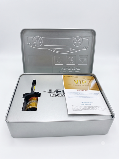 H11 LED headlight bulb with two bulbs, instruction card, and open gray case