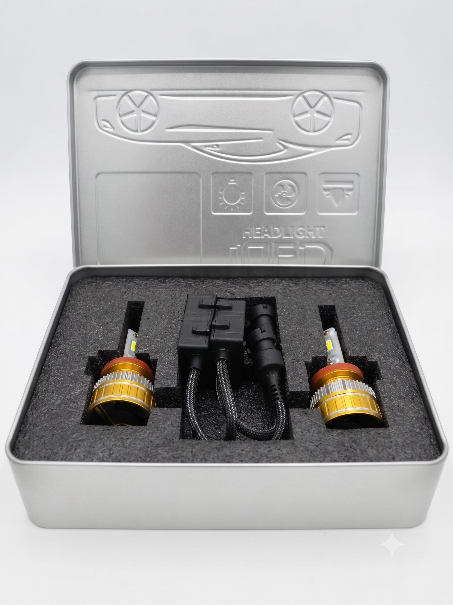 H11 LED headlight bulb kit with two gold-capped bulbs and controller box in case