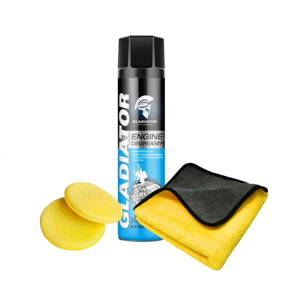 Gladiator Engine Degreaser Spray 650ml Combo Deal With Microfiber Towel & Applicator Pads
