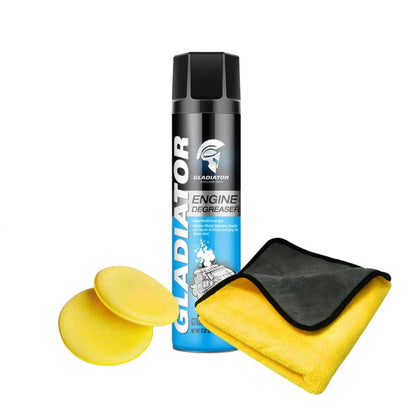 Gladiator Engine Degreaser Spray 650ml Combo Deal With Microfiber Towel & Applicator Pads