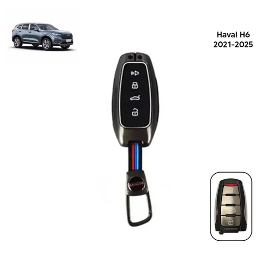 Metal key fob cover with black remote face, metallic grey case, and blue-red stripe