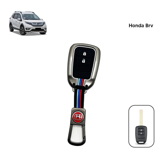 Metal key fob cover with black button panel and red/blue stripe accents