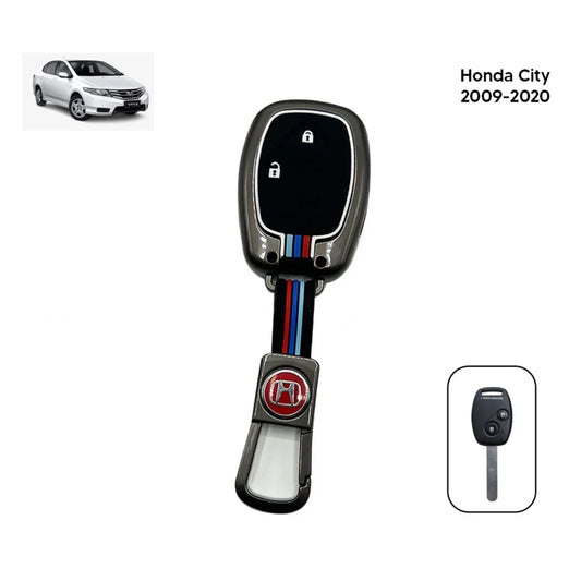 Two-button key fob cover, black silicone shell with metallic grey frame and colored stripe.