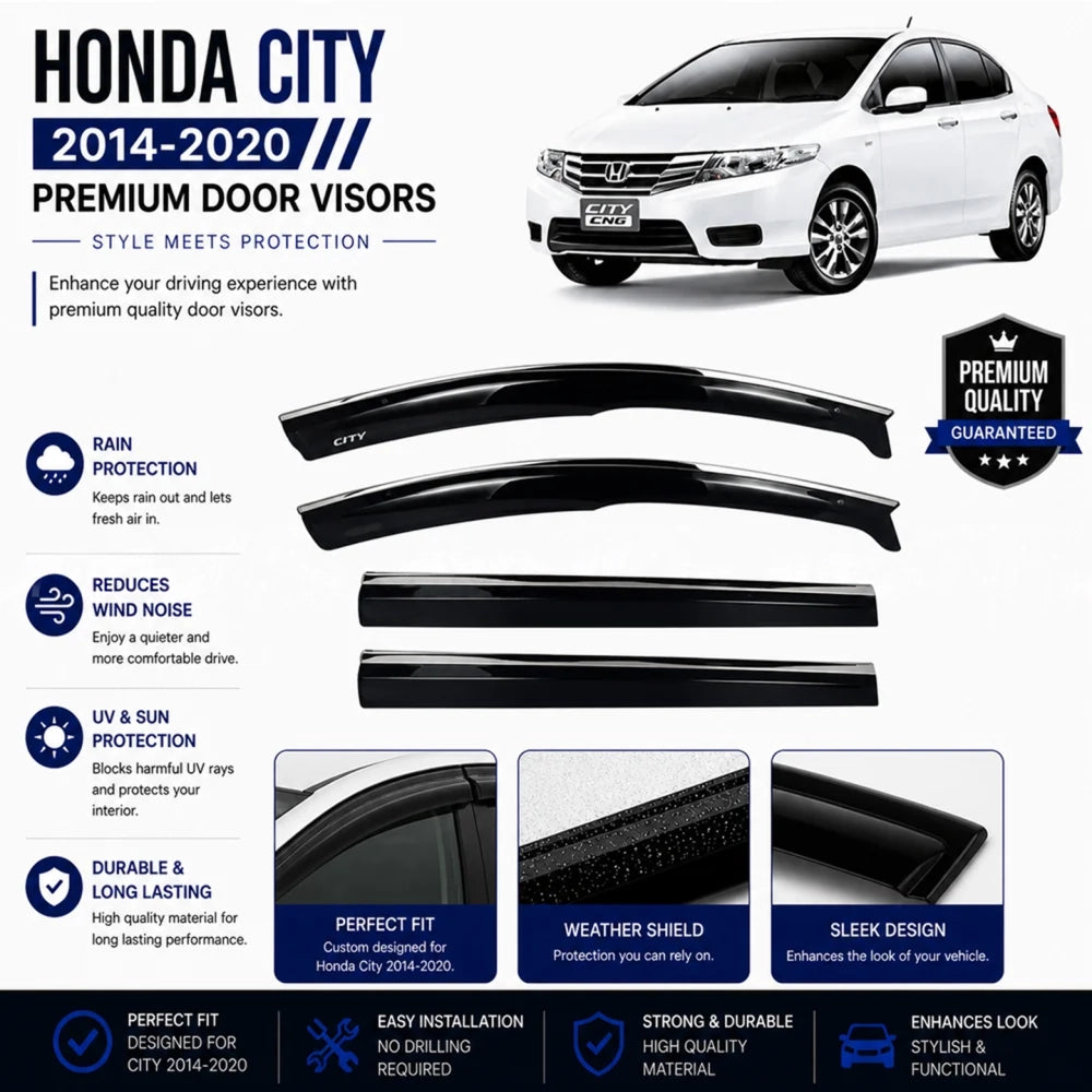 Car door visor deflector set with dark smoke finish and chrome trim strip