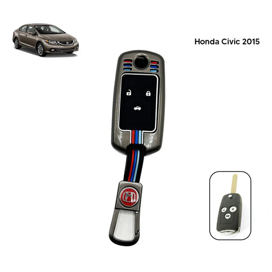 Metal key cover with black silicone insert, button icons, and Honda logo on metallic grey case