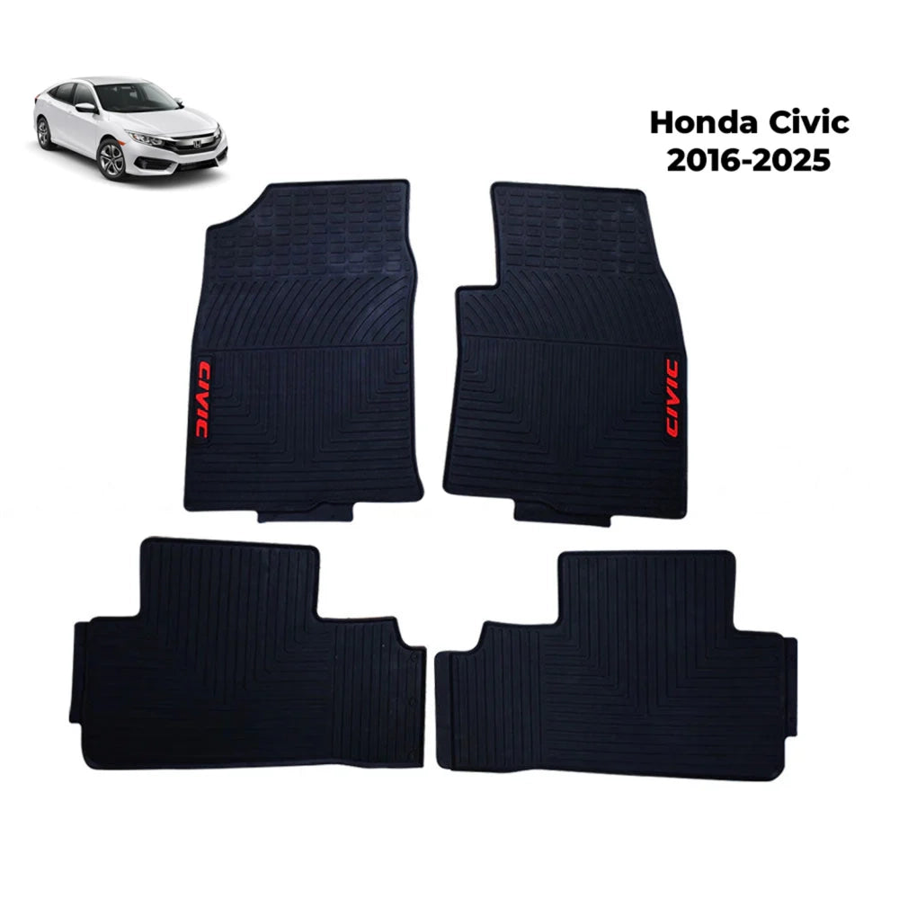 Set of dark rubber car floor mats with molded channels and red 'CIVIC' lettering.