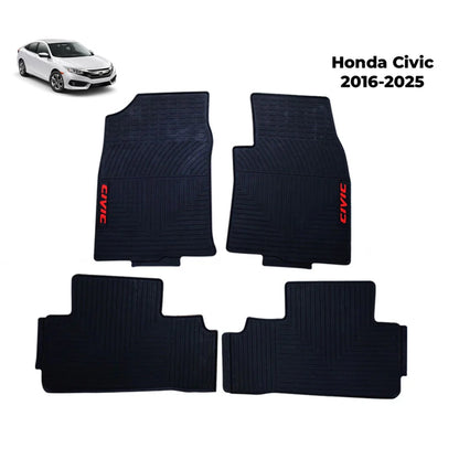 Set of dark rubber car floor mats with molded channels and red 'CIVIC' lettering.