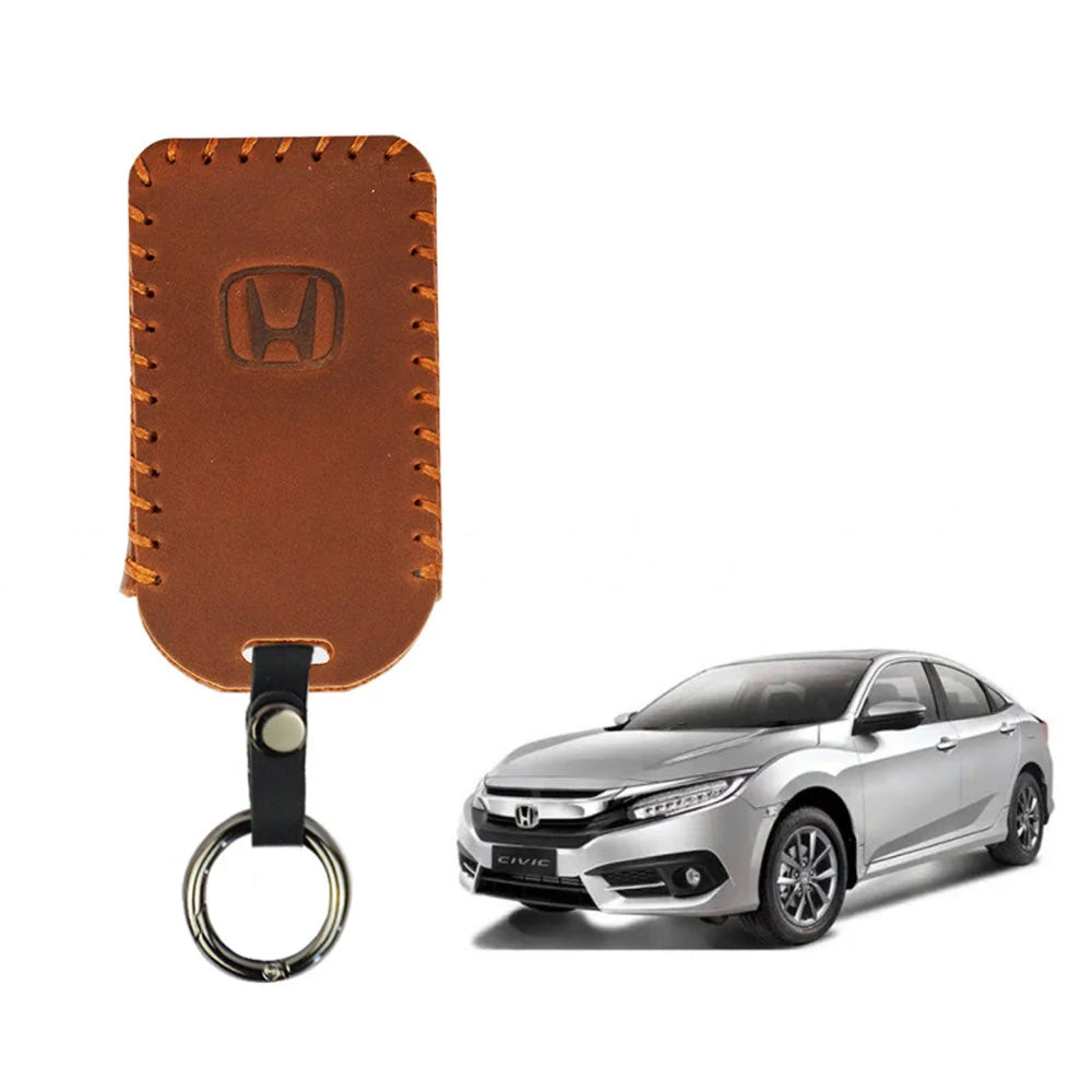 Brown leather key cover with Honda logo, stitched border, metal key ring