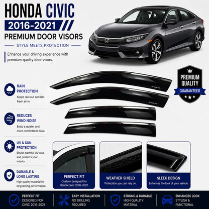 Honda Civic TXR Air Press With Chrome Strip (2016-2021) – Door Visor Deflectors Set