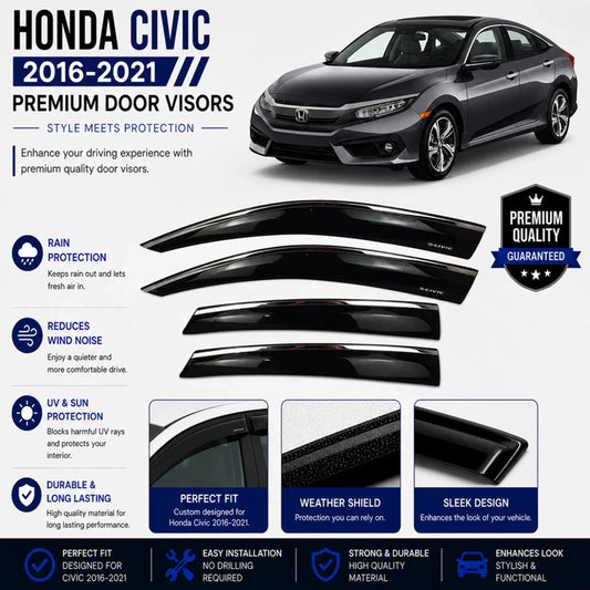 Set of car door visor deflectors with chrome trim for side windows, front and rear