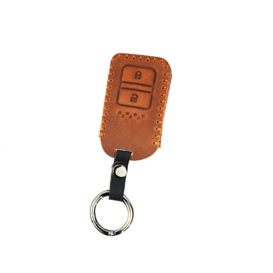 Honda leather key cover in dark brown with button icons and keyring strap