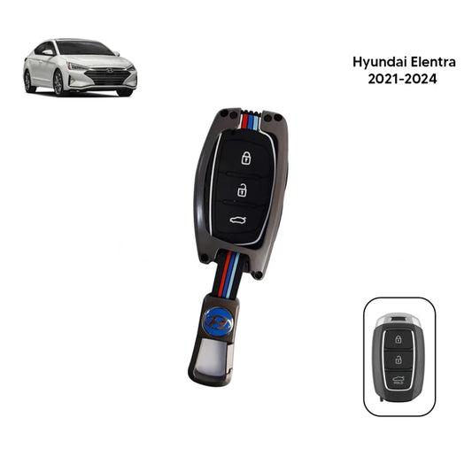 Metal key fob cover case, black silicone shell with button panel and key blade slot