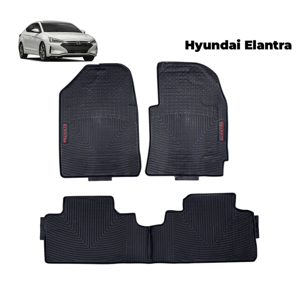 Black rubber car floor mat set with textured channels and raised nibs, rear and front