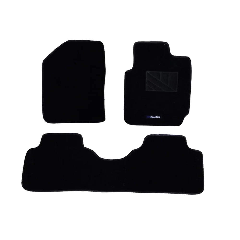 Black carpet floor mats set for Hyundai Elantra (3-piece) with embroidered logo