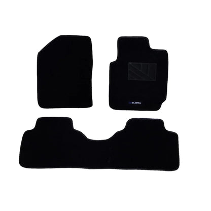 Black carpet floor mats set for Hyundai Elantra (3-piece) with embroidered logo