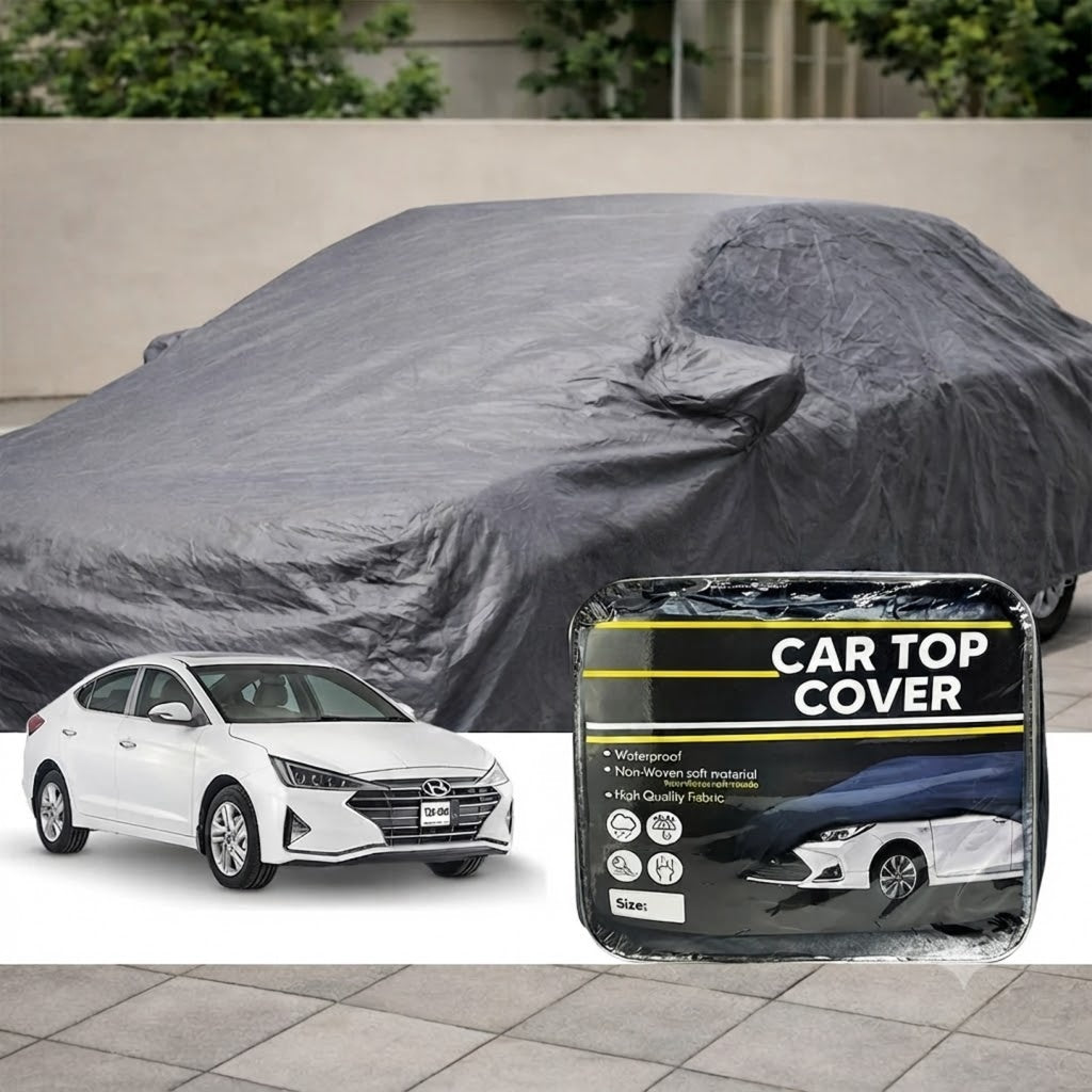 Gray non-woven car top cover with fitted shape and front cinch opening