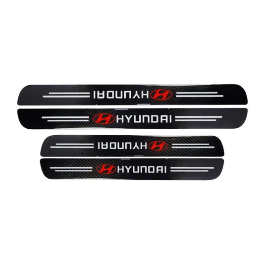 Hyundai logo carbon fiber door sill protectors, black with red emblem and silver stripes