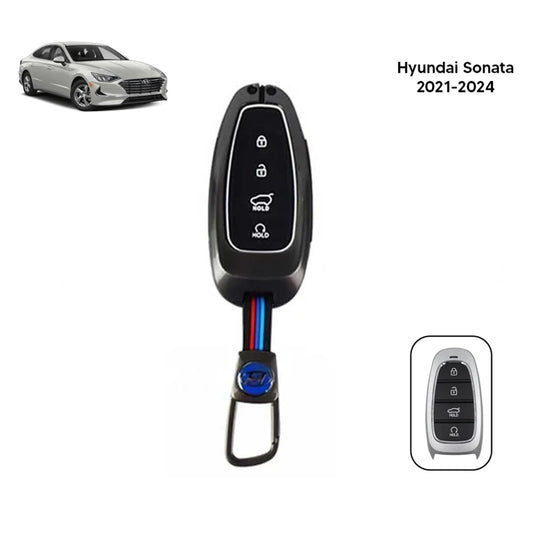 Key fob metal cover with black silicone case, gray shell, and button control panel