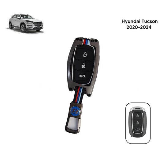 Metal key fob cover for Hyundai Tucson, black silicone with metallic grey body