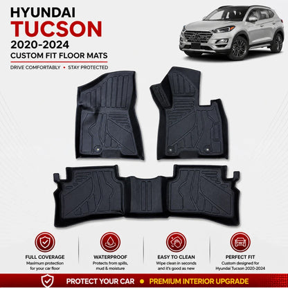 Black TPE floor mat set with molded channels and raised foot areas for full coverage