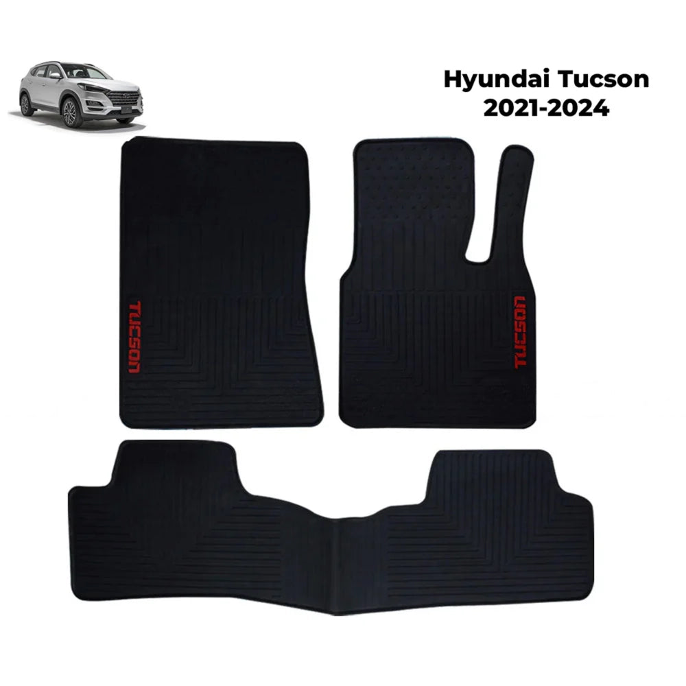 Black rubber car floor mats set with molded grooves, tailored for Hyundai Tucson