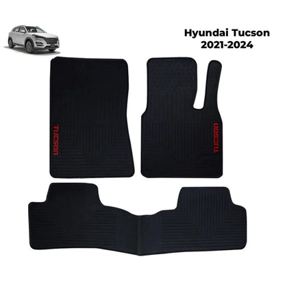 Black rubber car floor mats set with molded grooves, tailored for Hyundai Tucson