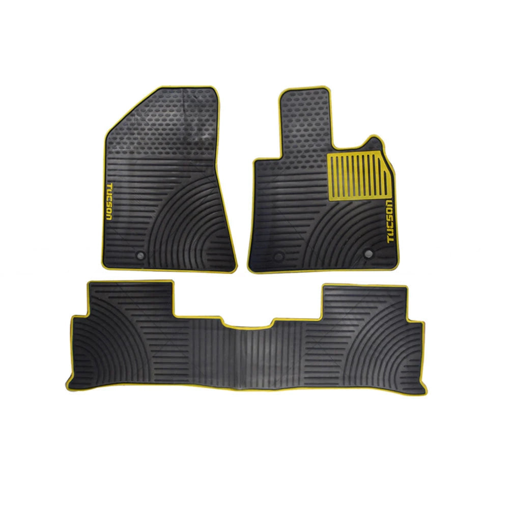 Black PVC rubber floor mats set of 3 with textured nibs and ridged channels, yellow trim