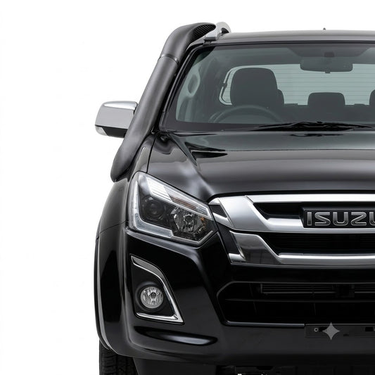 Isuzu D-Max snorkel air intake kit, black on hood and front of truck