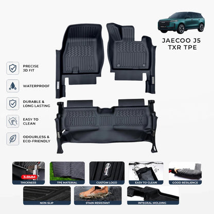 Set of premium TPE floor mats in dark black with molded channels and raised contours