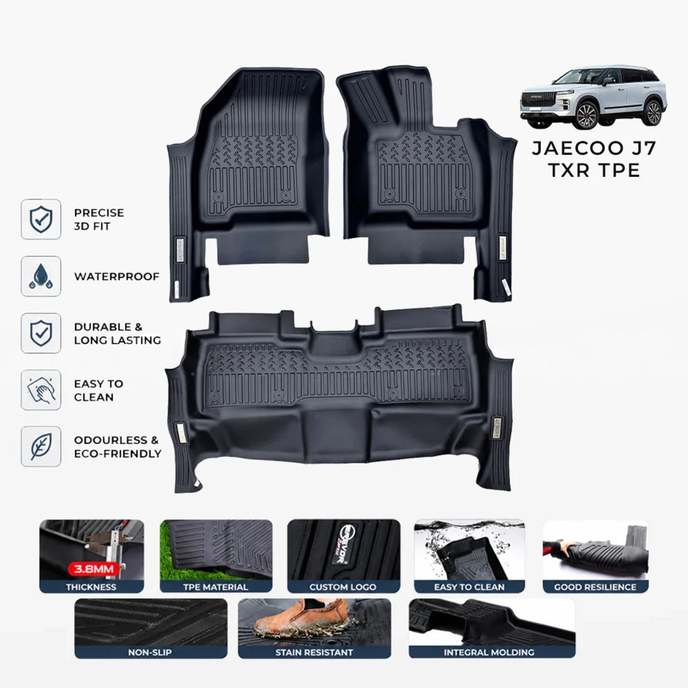 Black 3D fit floor mat set with custom logo and textured tread for all-weather protection