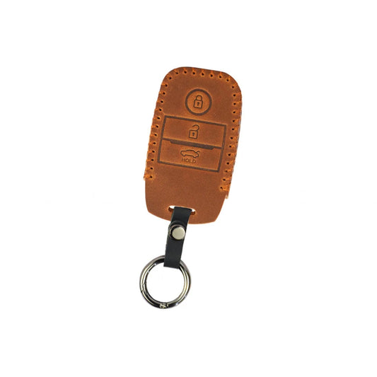 Brown leather key fob cover with lock, trunk, and remote icons, keyring
