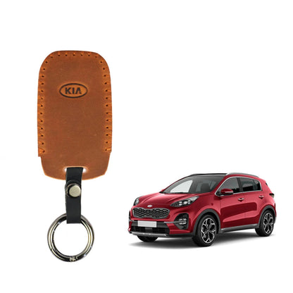 Brown leather key fob cover with KIA logo and keyring