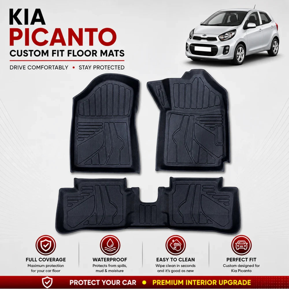 Black TPE 4-piece floor mat set for Kia Picanto with molded contours