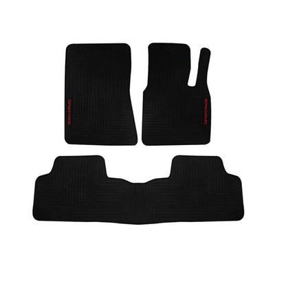 Black rubber car floor mat set with raised channels, 3-piece layout