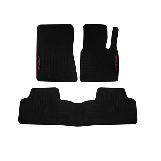 Black rubber car floor mat set with raised channels, 3-piece layout