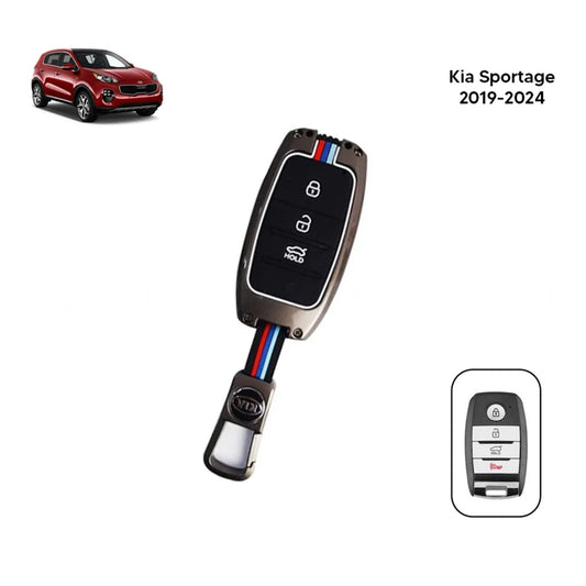 Car key fob metal cover case with black silicone buttons and blue/red stripe