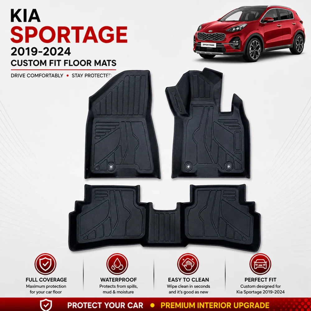 Set of four black TPE floor mats with molded contours and raised edges
