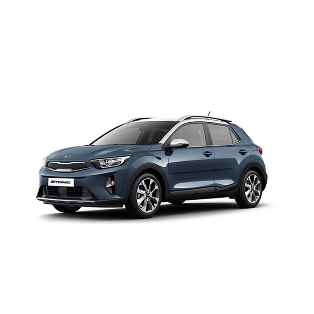 Kia Stonic SUV front three-quarter view with blue paint and chrome grille