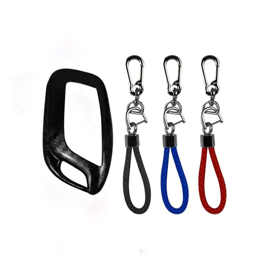 Carbon-fiber key fob case with three lanyards and metal key rings: black, blue, red