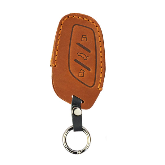 Brown leather key fob cover with stitched edges and metal keyring, front icon