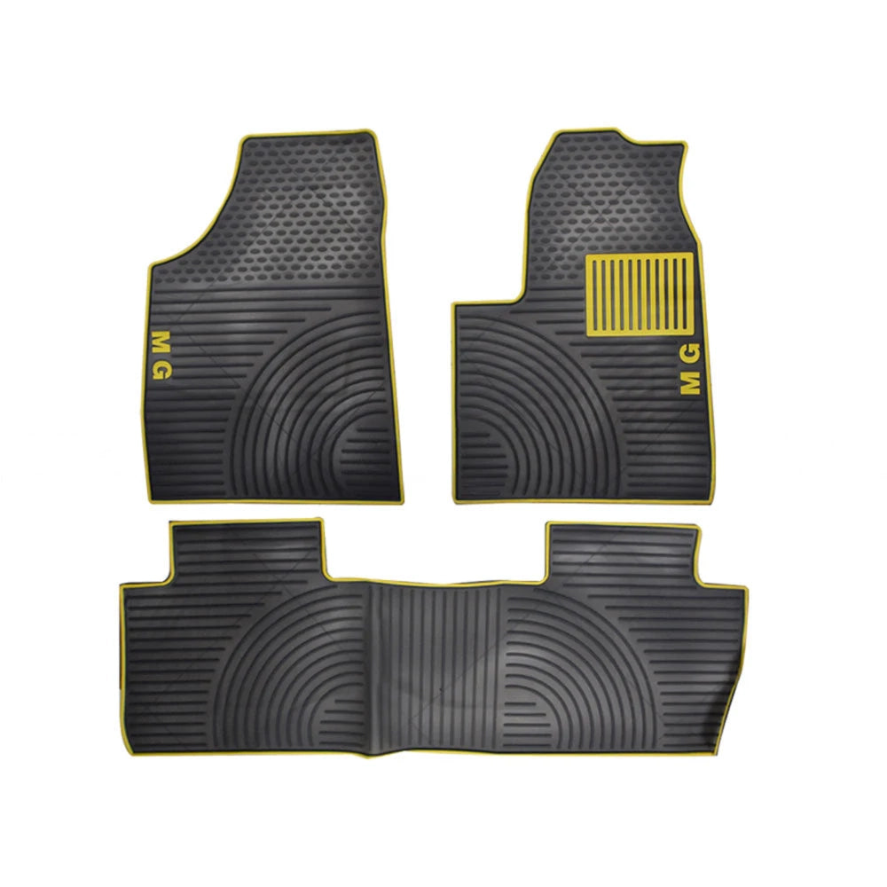 3-piece black PVC floor mat set with textured tread and yellow border, MG logo