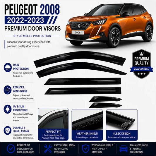 Black door visor deflectors set for Peugeot 2008, shown on vehicle window edges