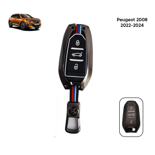 Metallic grey key fob cover with black button panel and blue/red stripe accents
