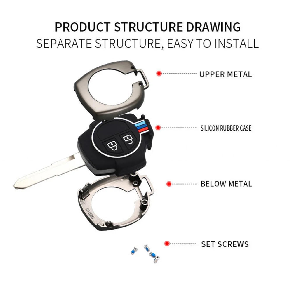 Key cover structure showing upper metal shell, silicone rubber case, and set screws