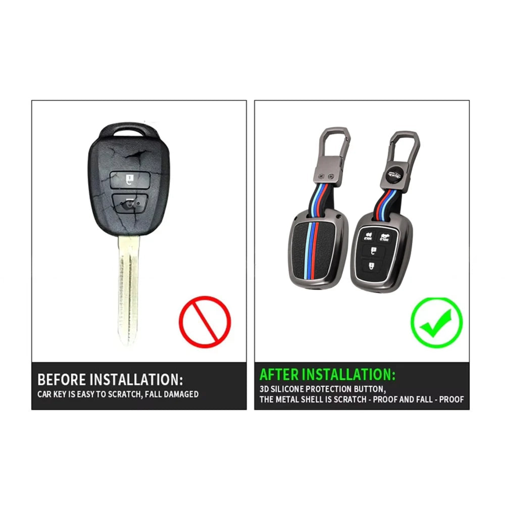 Key fob cover before and after installation with scratch protection over metal shell