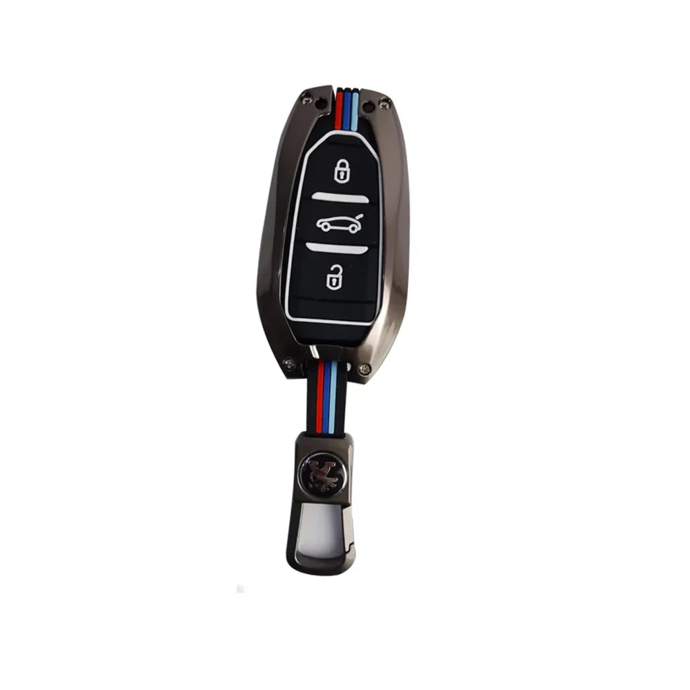 Metallic grey key fob cover with black remote buttons and blue/red stripe trim