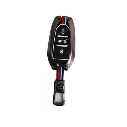 Metallic grey key fob cover with black remote buttons and blue/red stripe trim