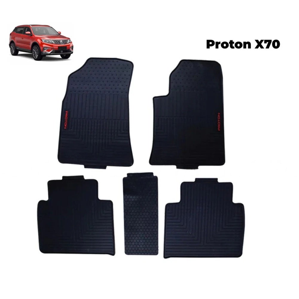 Black rubber car floor mats set with textured grip and raised grooves
