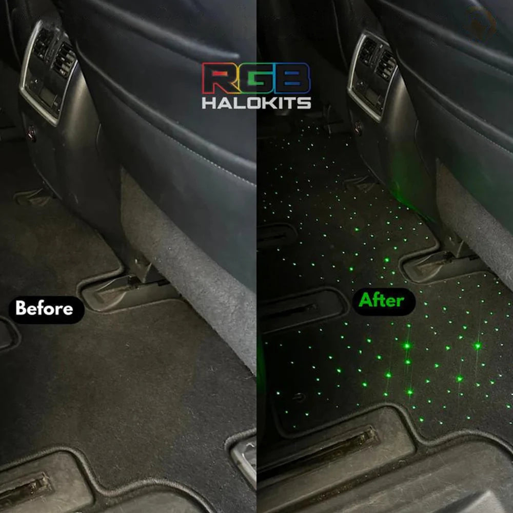 Car floor mat with RGB fiber-optic star lights glowing on the driver-side floor