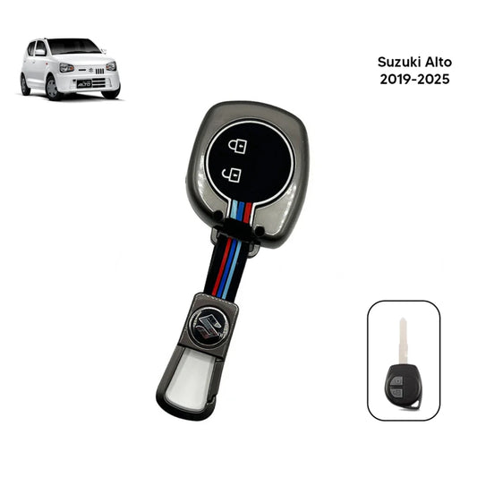 Metal key fob cover with silicone rubber case, metallic grey, colored stripe detail